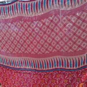 Kantha Quilt 2 Layer Red Blue Yellow Bird 57" x 91" Thin Cotton Reversible K93.
